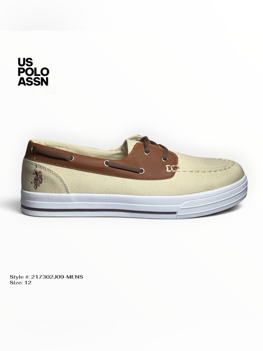 Men’s 12 Casual Boat Shoes Sneakers Cream Canvas Brown Trim NWOT U.S. Polo Assn.